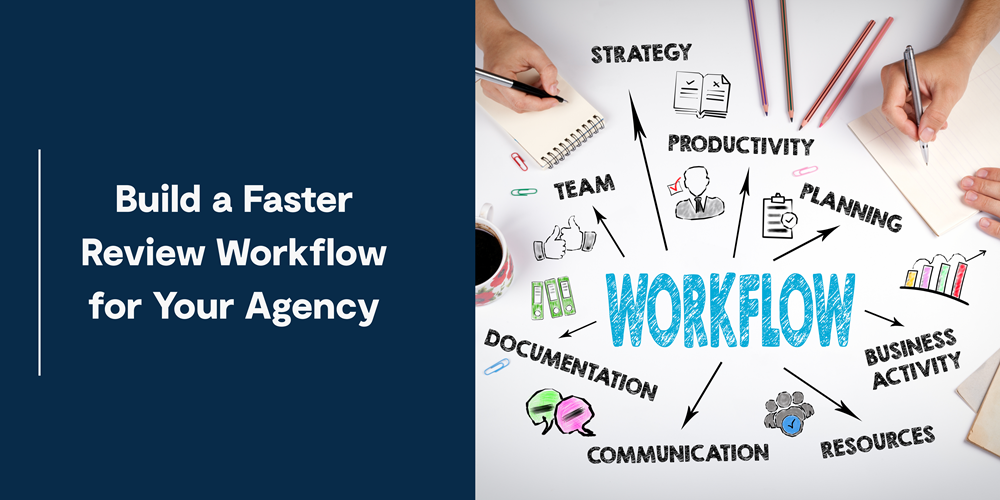 Workflow optimization graphic showing strategy, planning, communication, productivity, and team elements, promoting tips to build a faster bid review workflow for procurement agencies.