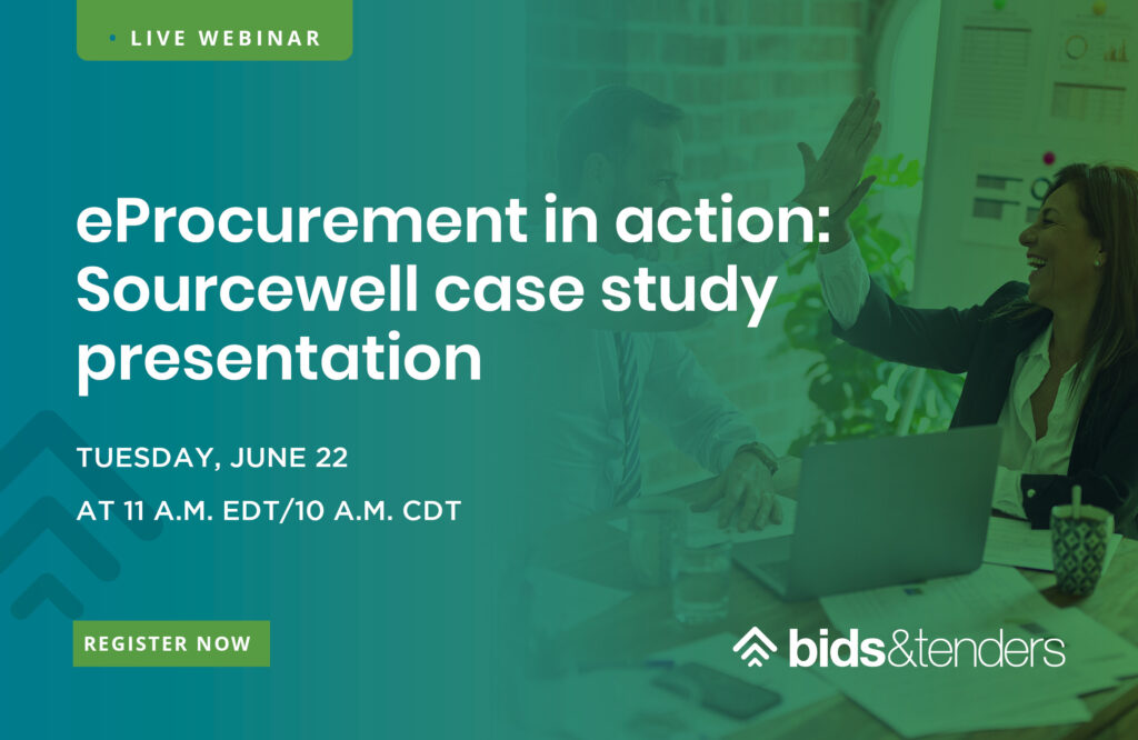 Promotional graphic for a live webinar titled ‘eProcurement in action: Sourcewell case study presentation,’ scheduled for Tuesday, June 22 at 11 a.m. EDT/10 a.m. CDT.