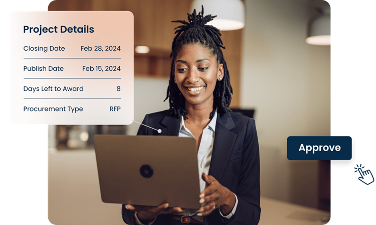 Business professional reviewing project details on a laptop with an on-screen panel showing closing date, publish date, days left to award, and procurement type, alongside an Approve button.
