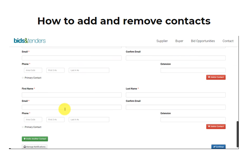Screenshot of the bids&tenders contact management screen, showing fields to add or remove contacts in a supplier account.
