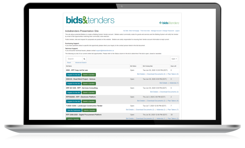 Screenshot of the bids&tenders online bidding platform displayed on a laptop, showing active bid opportunities, registration buttons, and bid details used for public procurement management.
