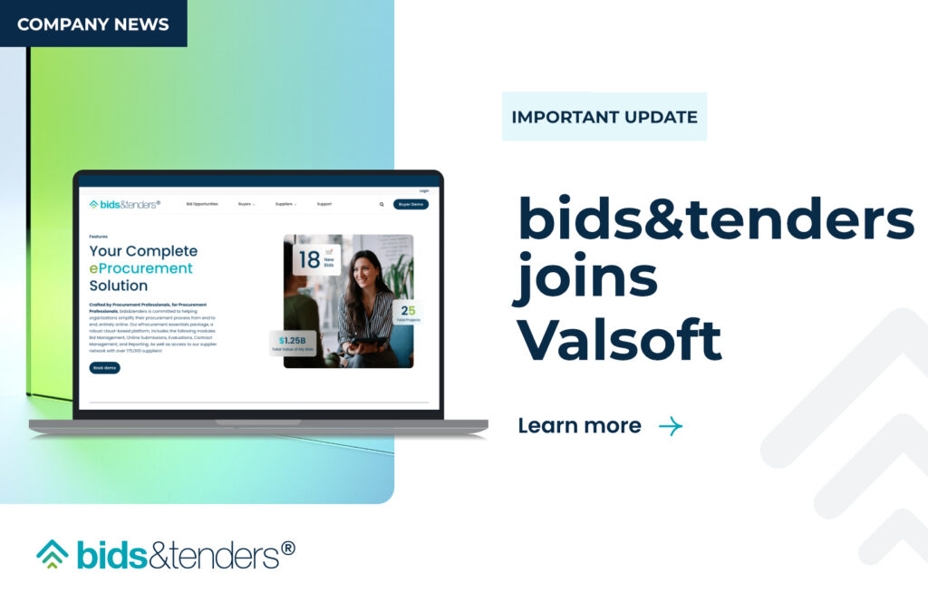 Bids&tenders announcement graphic highlighting the company’s acquisition by Valsoft, featuring a laptop displaying the eProcurement platform and emphasizing the partnership and expanded procurement technology capabilities.