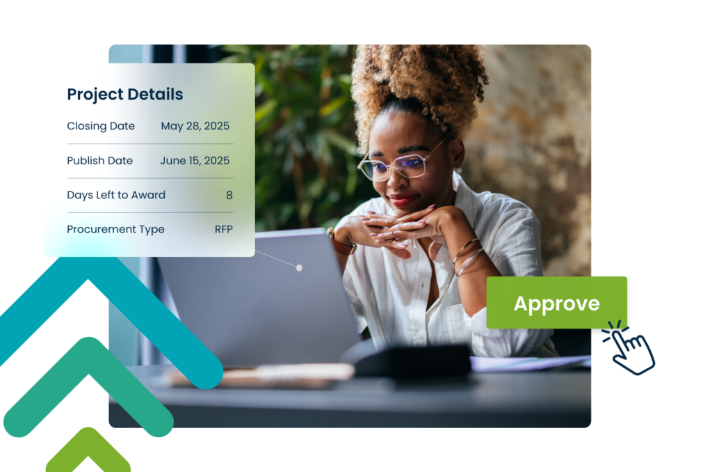 A procurement professional reviewing project details on a laptop, with an on-screen “Approve” button and deadline information, illustrating how the bids&tenders Award Approval add-on streamlines procurement decisions, improves transparency, and ensures compliance.