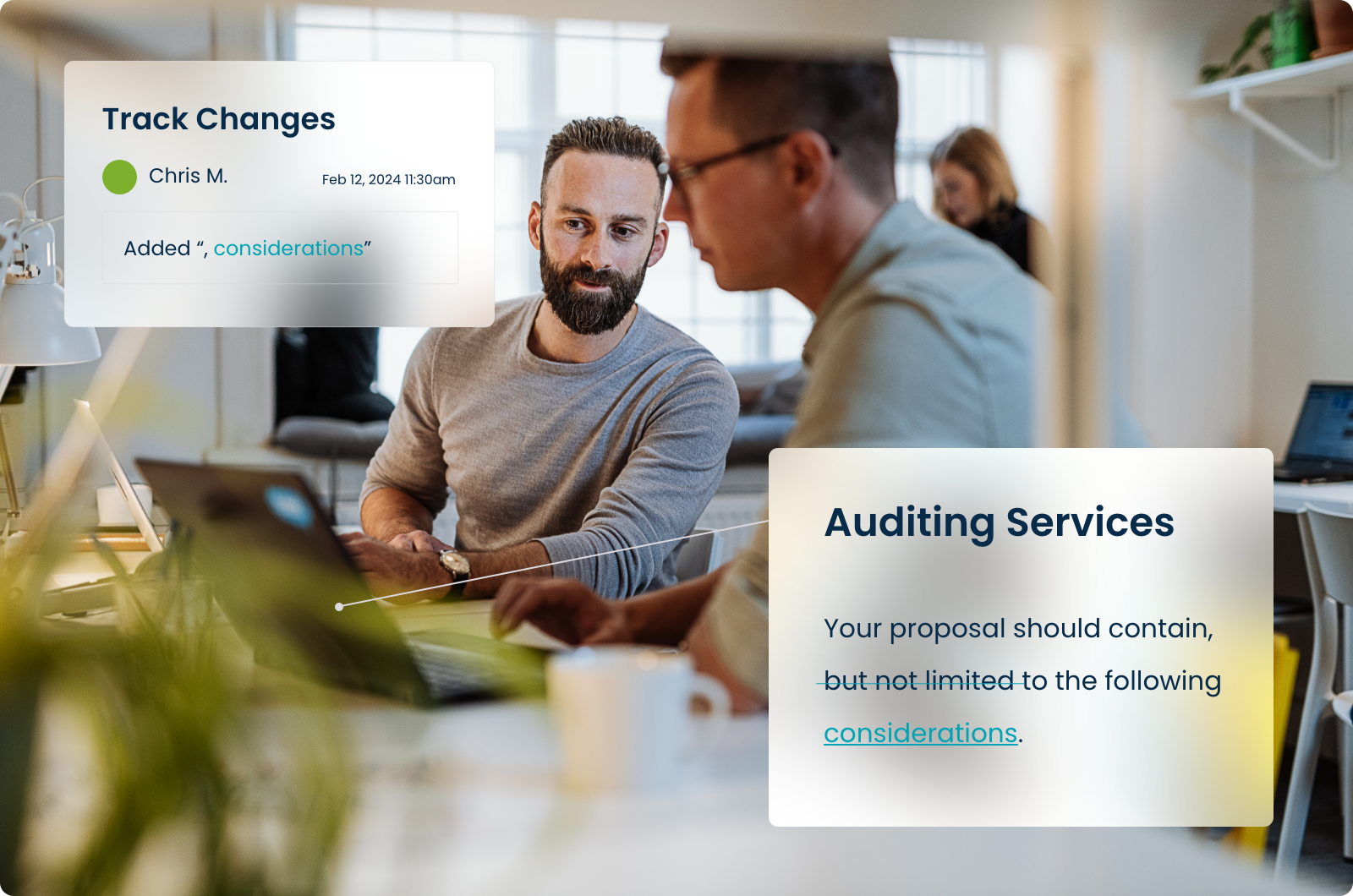 Two procurement professionals reviewing supplier data on a laptop, with bids&tenders track-changes and auditing features displayed, illustrating how the Supplier Performance Management add-on improves efficiency, transparency, and compliance in vendor oversight.