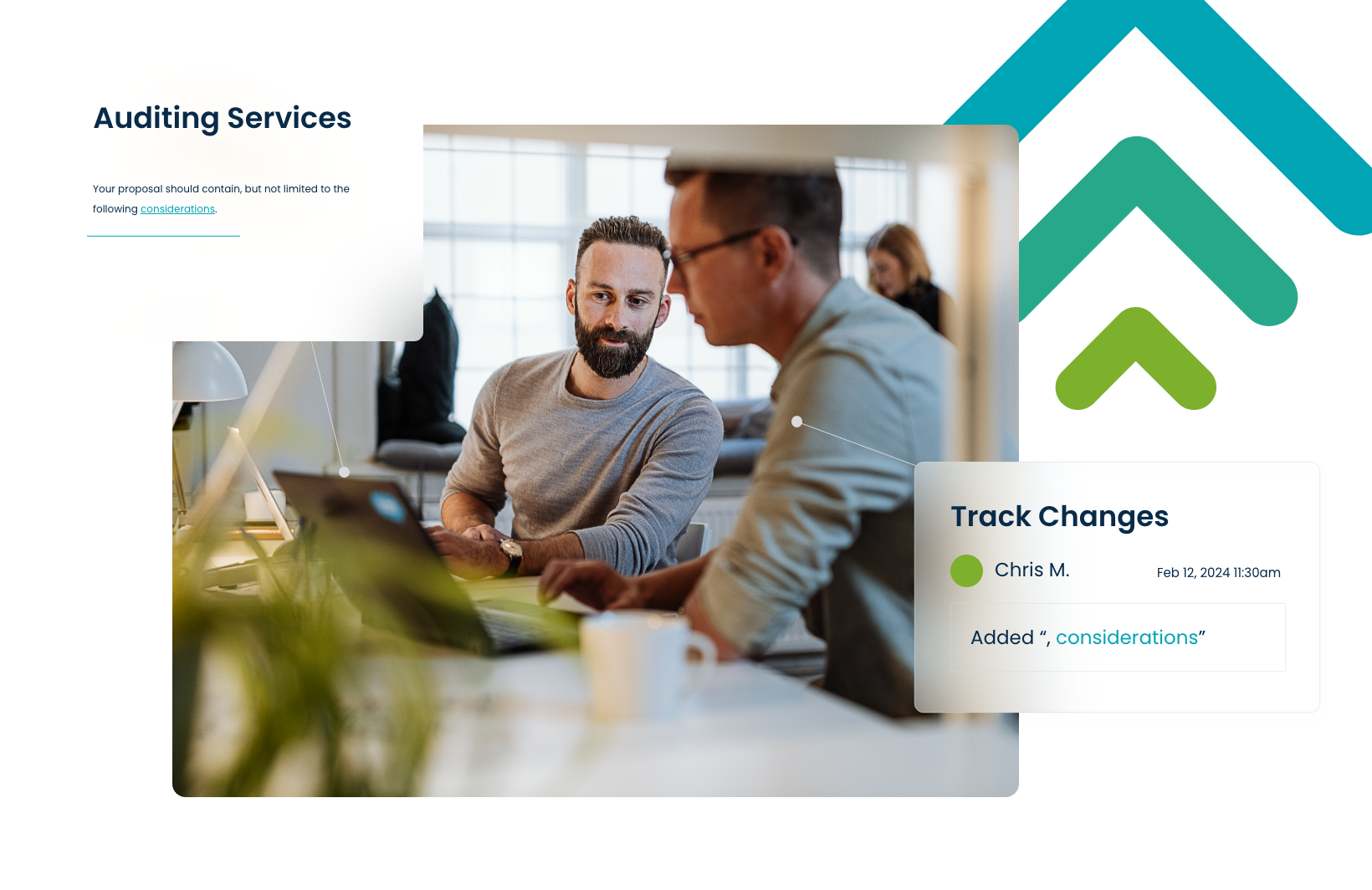 Auditing services graphic showing two professionals collaborating on a laptop with a bids&tenders track-changes notification overlay, demonstrating real-time proposal editing and version control.