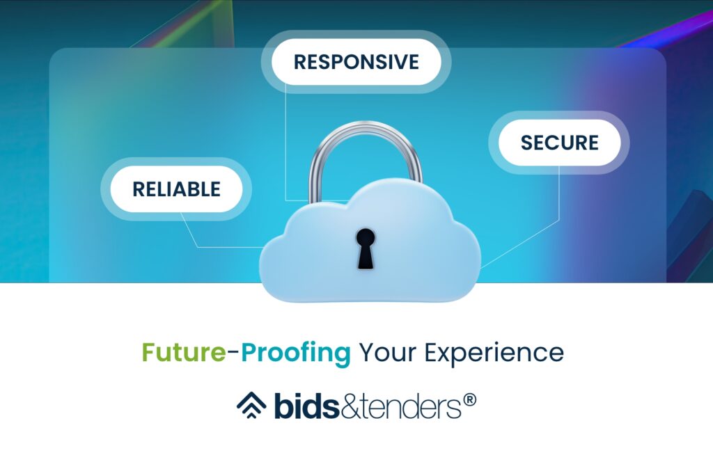 Cloud security illustration featuring a cloud-shaped lock icon labeled reliable, responsive, and secure, promoting bids&tenders’ future-proof, dependable procurement technology.