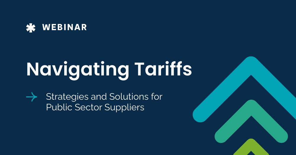 Webinar graphic titled ‘Navigating Tariffs’ highlighting strategies and solutions for public sector suppliers.