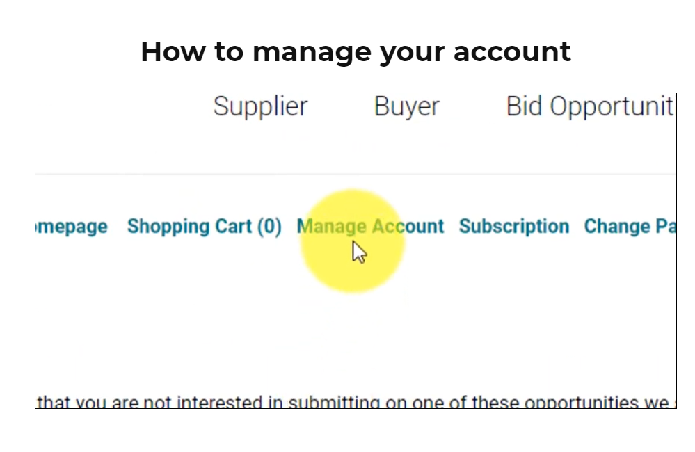 Screenshot highlighting the ‘Manage Account’ option in the bids&tenders interface, illustrating how to create a bidder account step-by-step.