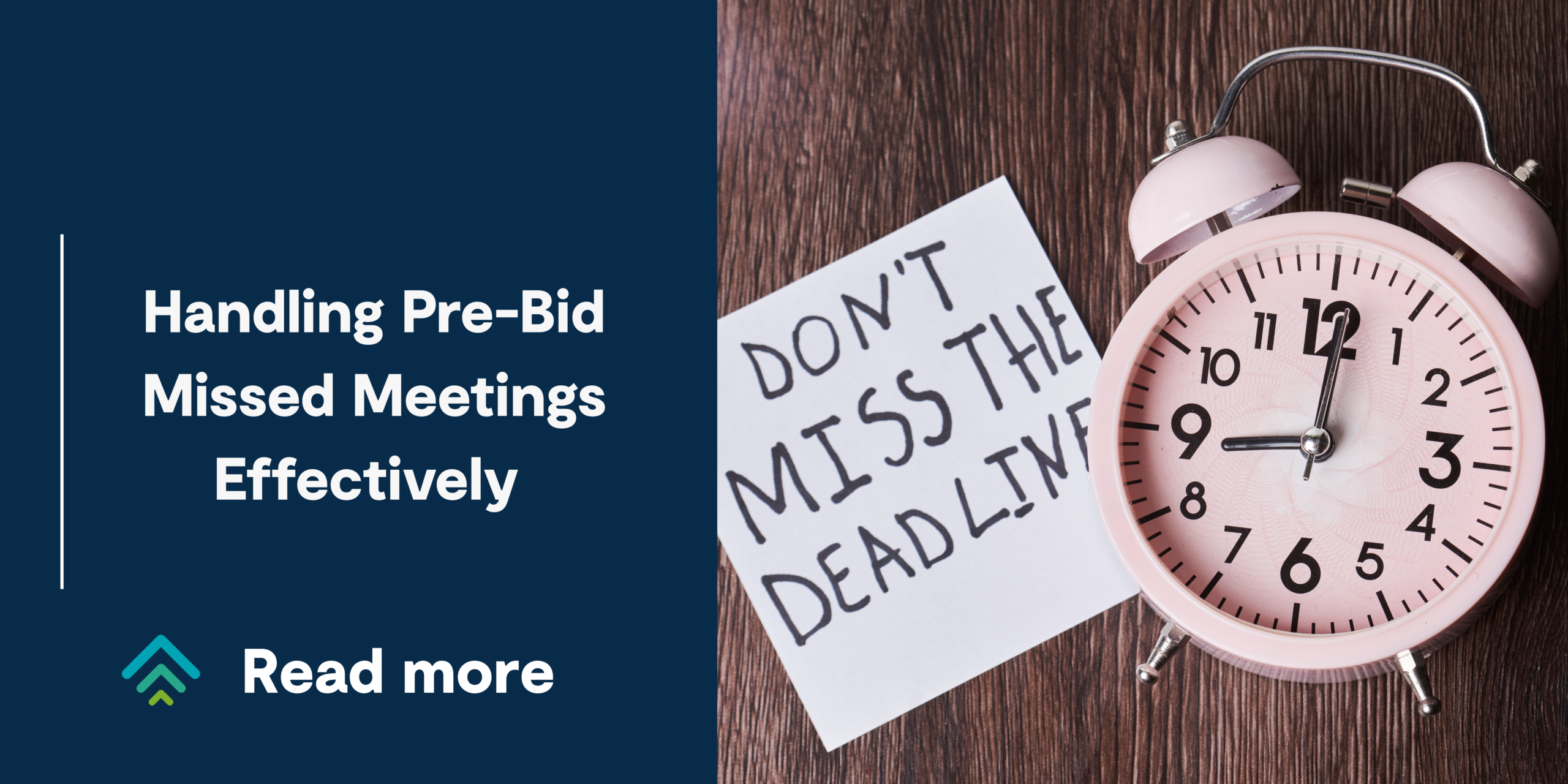 Educational graphic about handling pre-bid missed meetings, featuring a pink alarm clock and a note reading “Don’t miss the deadline,” promoting guidance for suppliers and procurement teams.
