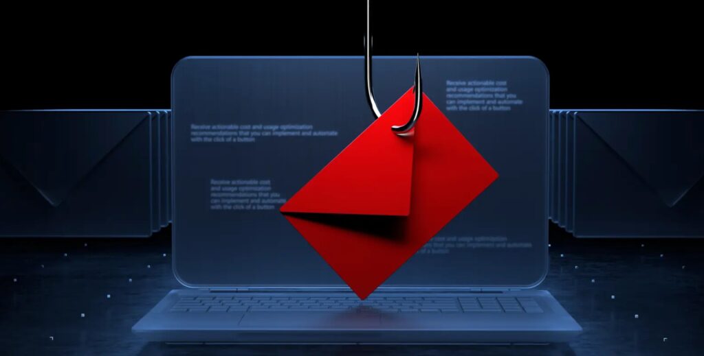 A red envelope caught on a phishing hook in front of a laptop screen, symbolizing phishing and spoofing attacks and highlighting the importance of cybersecurity strategies to protect organizations from online threats.
