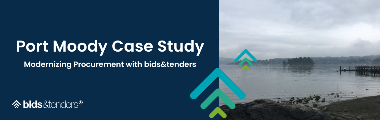 Port Moody Case Study banner featuring the bids&tenders logo, the title ‘Modernizing Procurement with bids&tenders,’ and a scenic photo of a misty shoreline with calm water and distant trees.