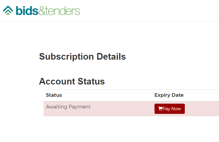 Screenshot of the bids&tenders subscription page showing an ‘Awaiting Payment’ status and a red ‘Pay Now’ button for renewing a bidding subscription.