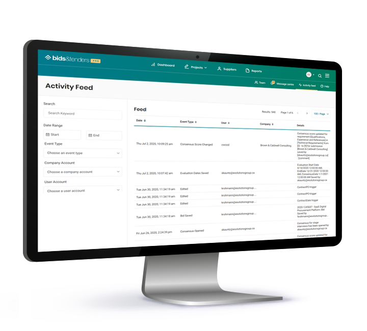 Computer displaying the bids&tenders activity feed, illustrating how digital procurement platforms enhance fairness, transparency, and efficiency.