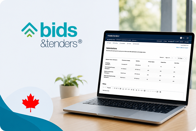 Laptop displaying the bids&tenders submissions dashboard in a bright office, with a Canadian maple leaf graphic.