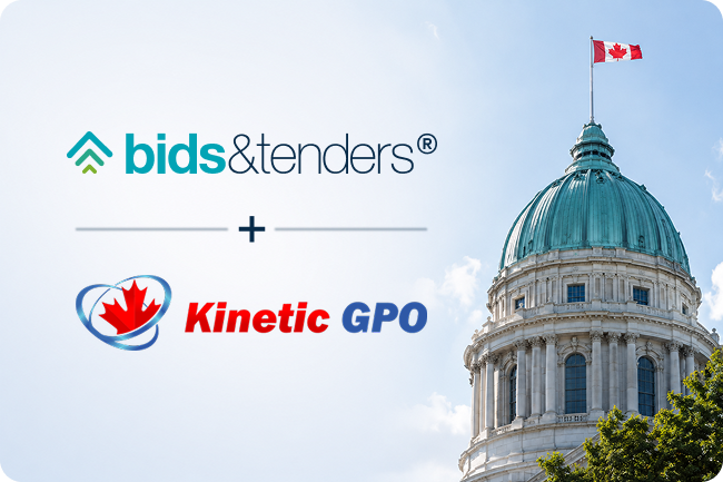 bids&tenders and Kinetic GPO logos beside a Canadian government building with a Canadian flag