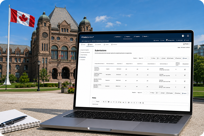 Laptop displaying the bids&tenders submissions dashboard in front of the Ontario Legislative Building and a Canadian flag.